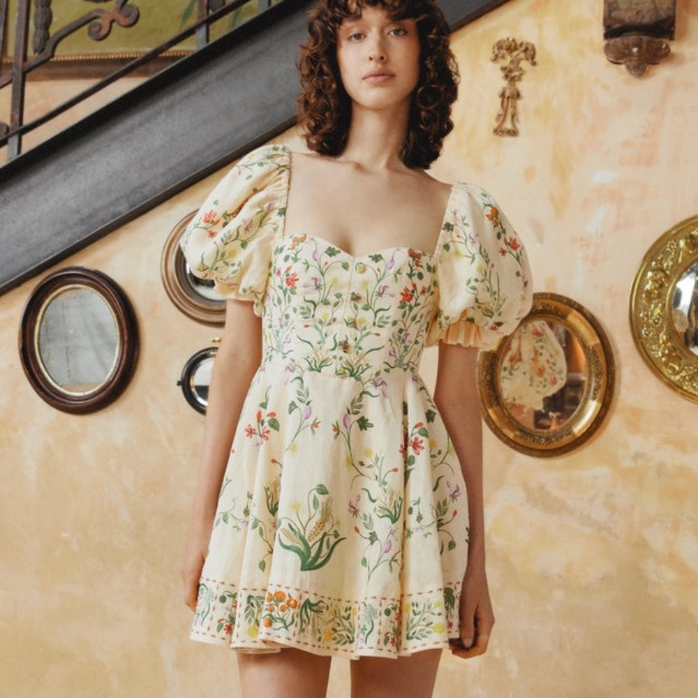 Agua by Agua Bendita NWT Ivory Multicolor Floral Fruit Vuelo Cultivo Mini Dress